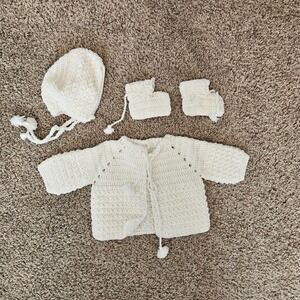 Handmade Crochet Baby Sweater Bonnet Booties Set Newborn White Girl Boy
